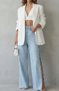 Madison | Women's High-Waist Wide Leg Cut-Out Rhinestone Jeans, Light Blue