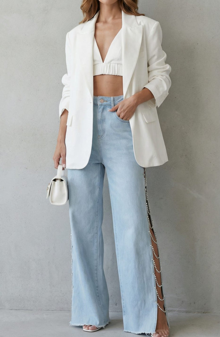Women's High-Waist Wide Leg Cut-Out Rhinestone Jeans, Light Blue - Light Blue