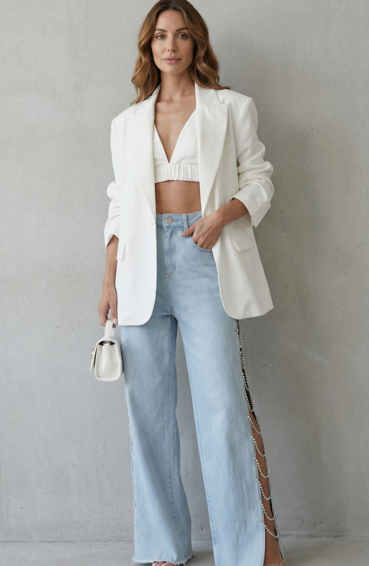 Women's High-Waist Wide Leg Cut-Out Rhinestone Jeans, Light Blue
