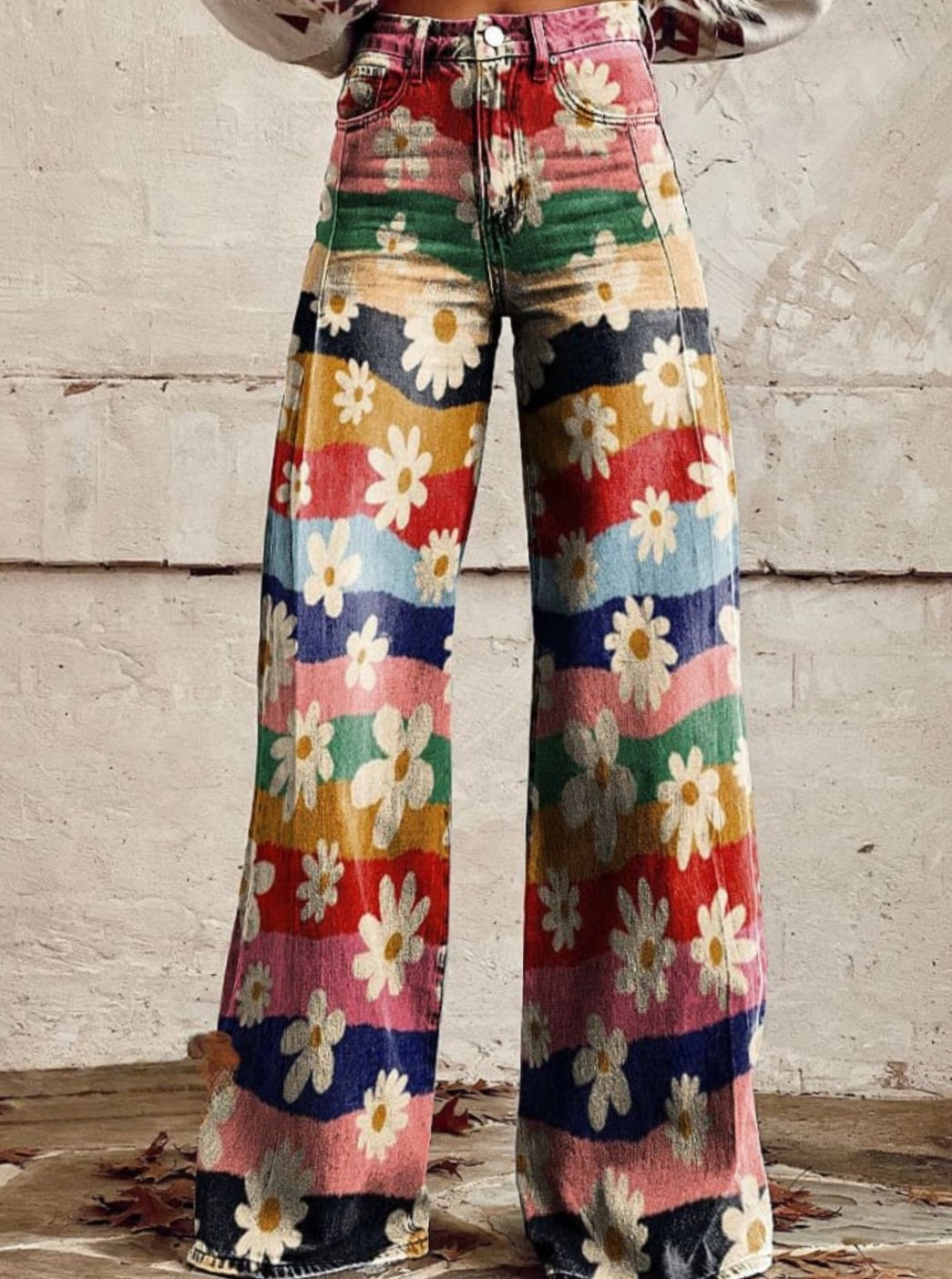 Women's High-Waist Wide-Leg Daisy Print Colorful Flare Pants