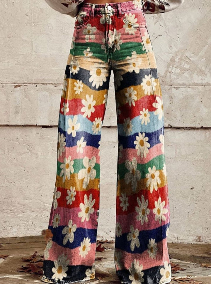 Women's High-Waist Wide-Leg Daisy Print Colorful Flare Pants