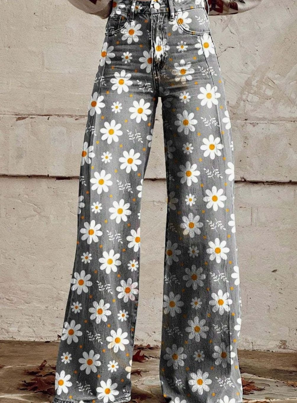 Women's High-Waist Wide Leg Floral Print Boho Pants - White Floral