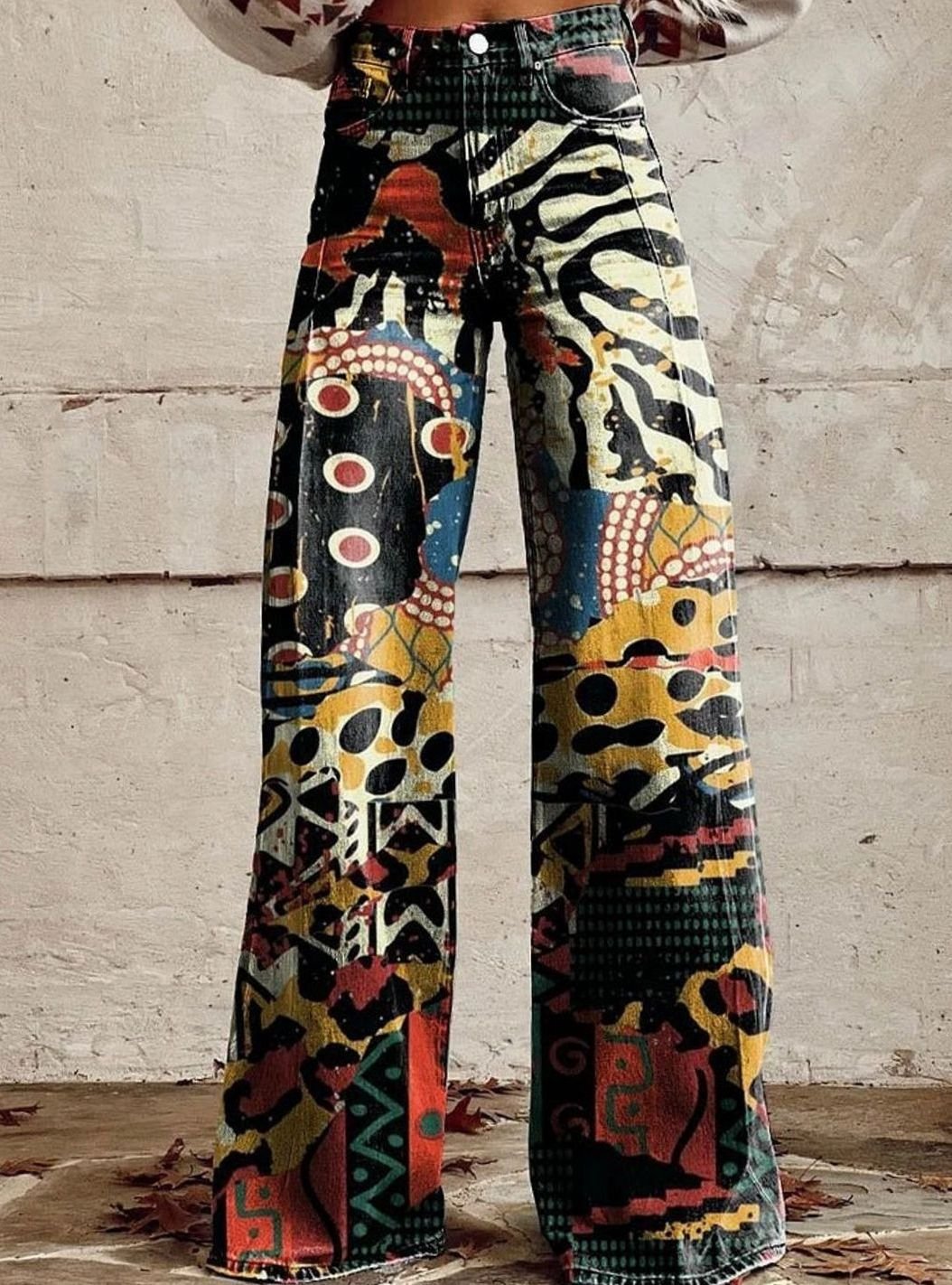Women's High-Waist Wide Leg Floral Print Boho Pants - Abstract