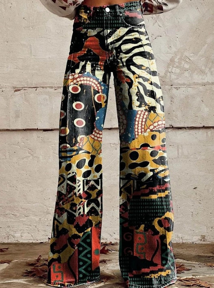 Women's High-Waist Wide Leg Floral Print Boho Pants - Abstract