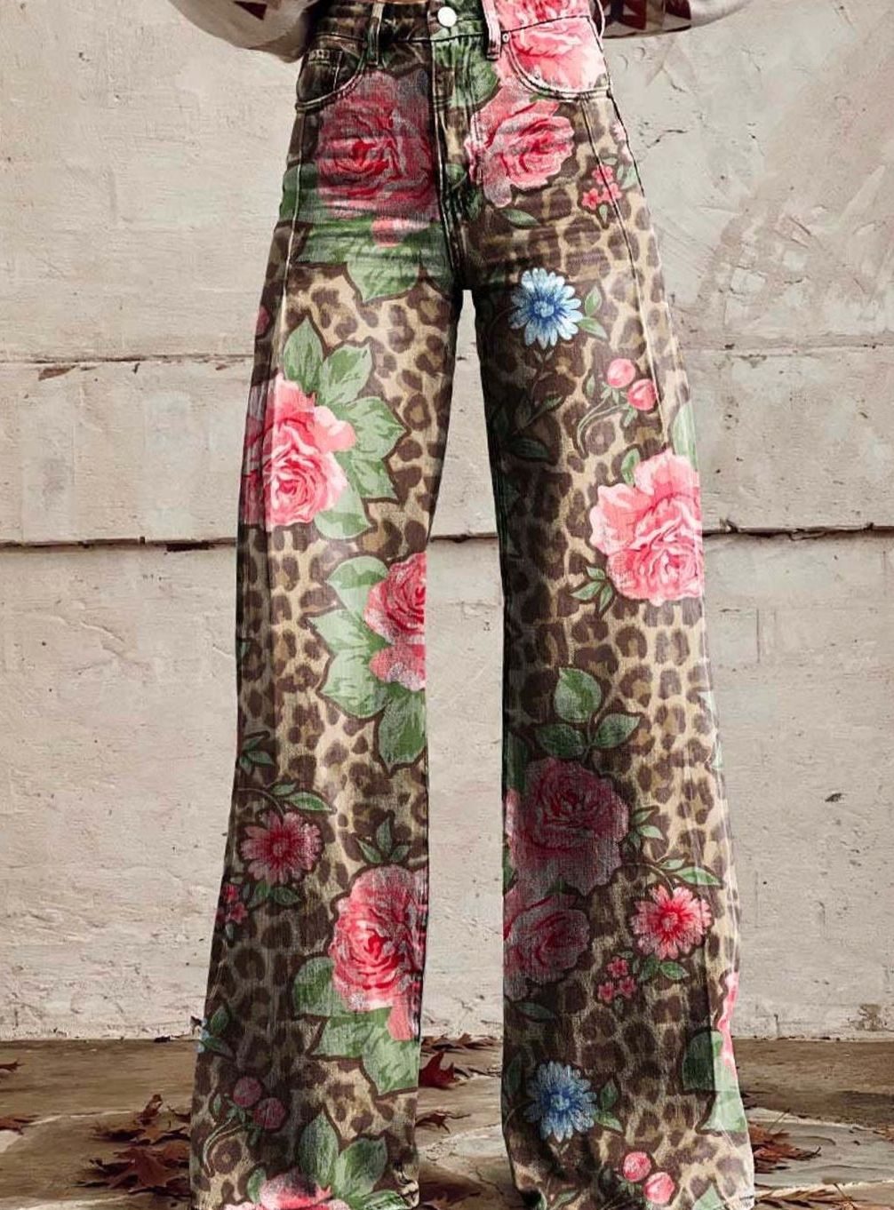 Women's High-Waist Wide Leg Floral Print Boho Pants - Pink Leopard