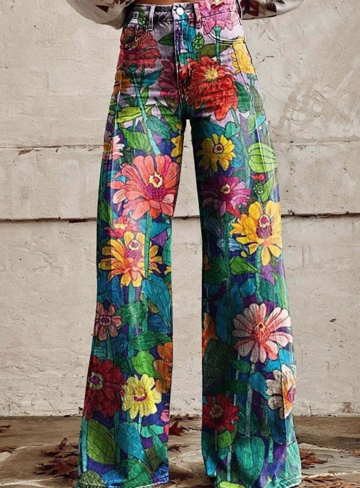 Women's High-Waist Wide Leg Floral Print Boho Pants - Daisies