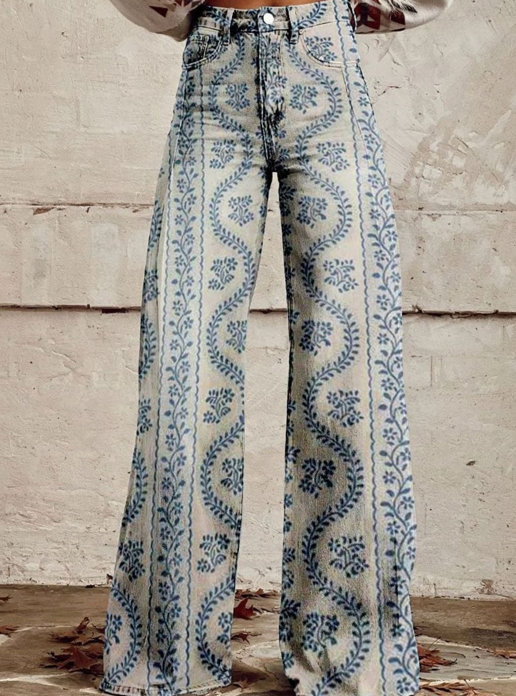 Women's High-Waist Wide Leg Floral Print Boho Pants - Blue Patterned