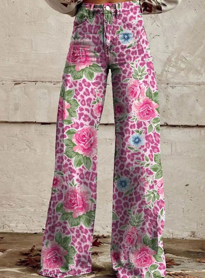 Women's High-Waist Wide Leg Floral Print Boho Pants - Pink Floral