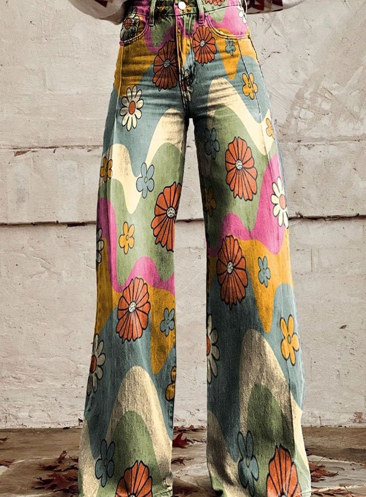 Women's High-Waist Wide Leg Floral Print Boho Pants - Waves and Flowers