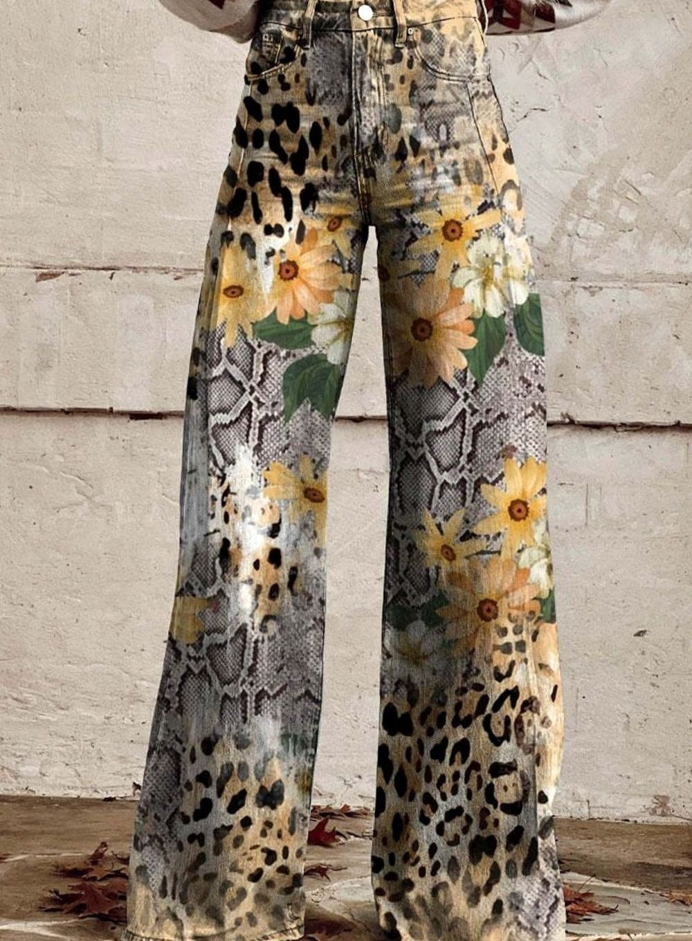 Women's High-Waist Wide Leg Floral Print Boho Pants - Leopard