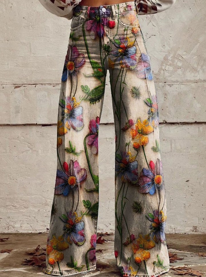 Women's High-Waist Wide Leg Floral Print Boho Pants - Floral