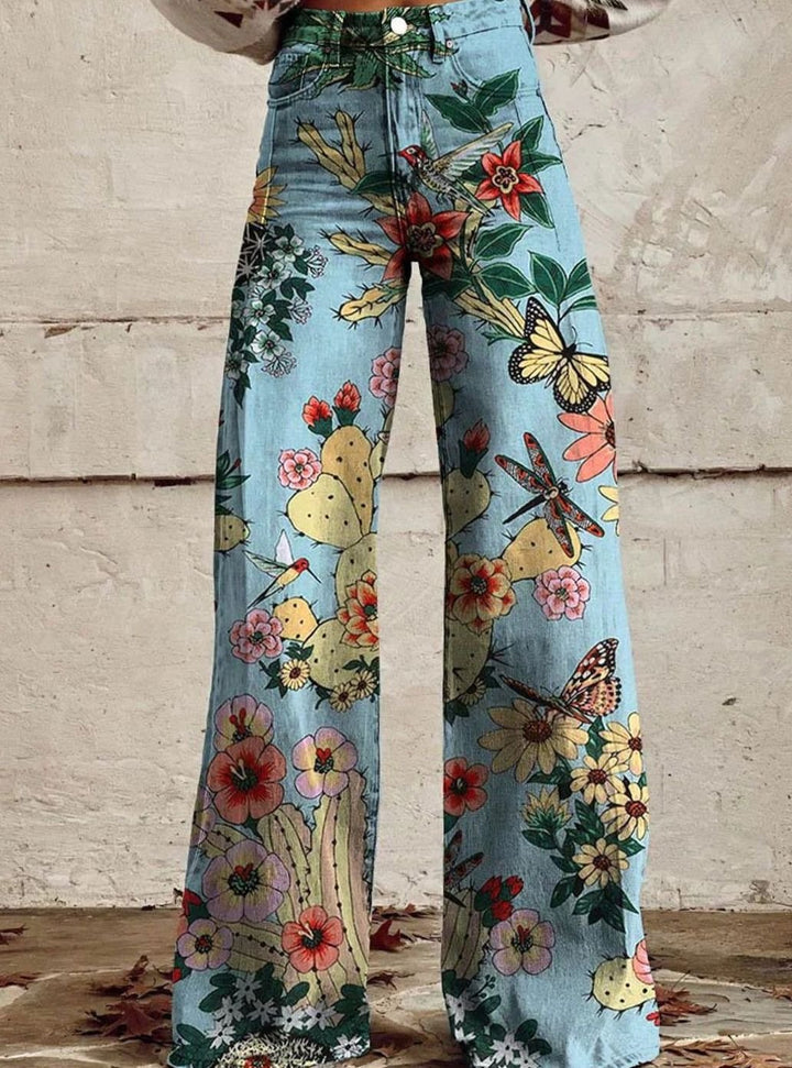 Women's High-Waist Wide Leg Floral Print Boho Pants - Blue Forest