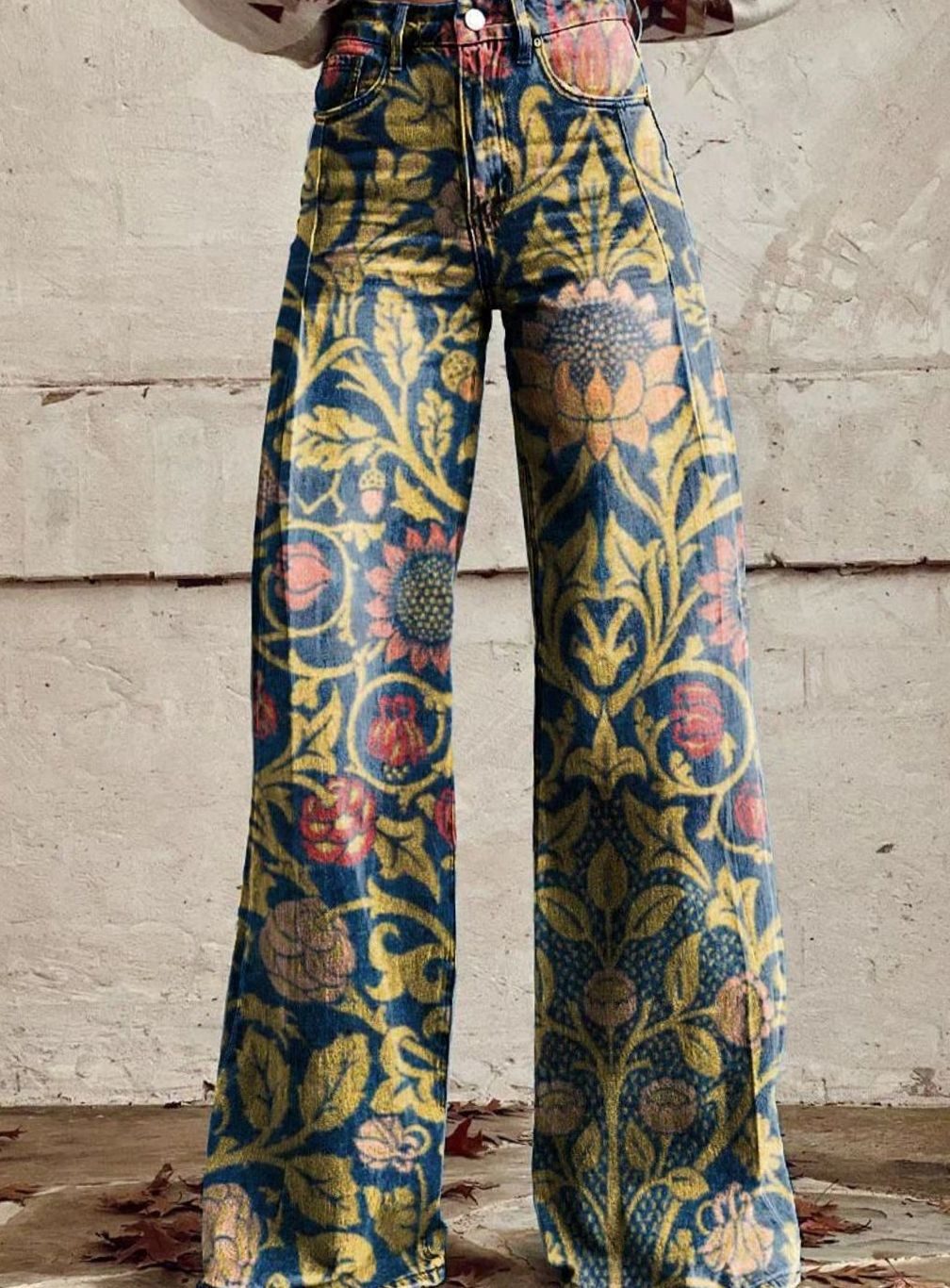Women's High-Waist Wide Leg Floral Print Boho Pants - Dark Blue