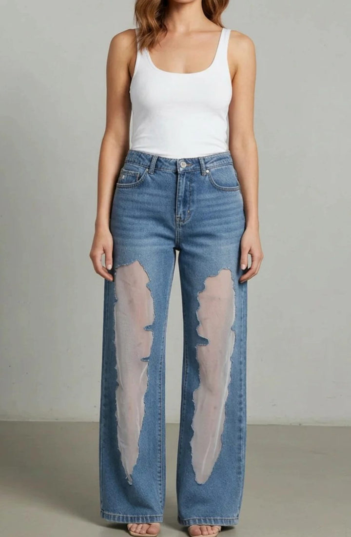 Women's High-Waist Wide-Leg Mesh Patchwork Denim Jeans