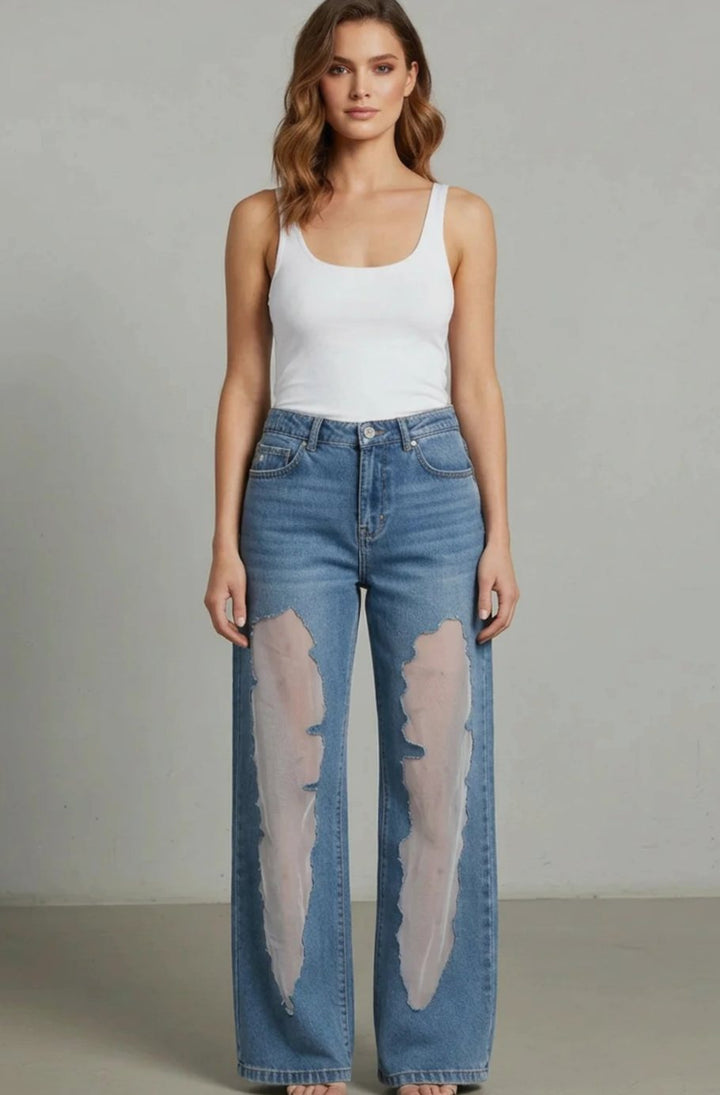 Women's High-Waist Wide-Leg Mesh Patchwork Denim Jeans