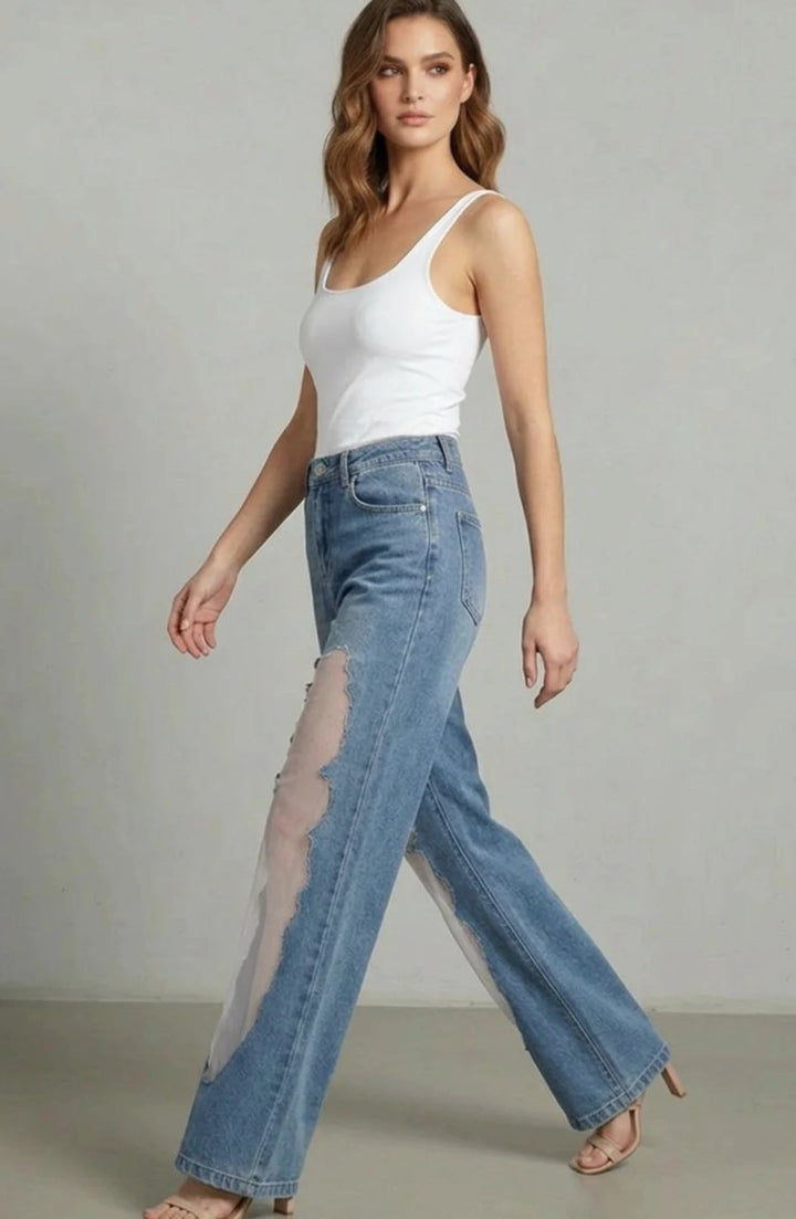 Women's High-Waist Wide-Leg Mesh Patchwork Denim Jeans