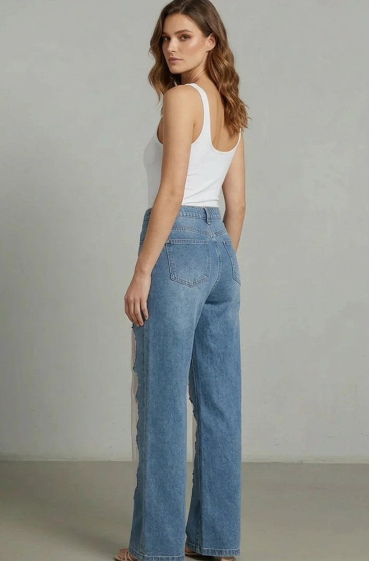 Women's High-Waist Wide-Leg Mesh Patchwork Denim Jeans