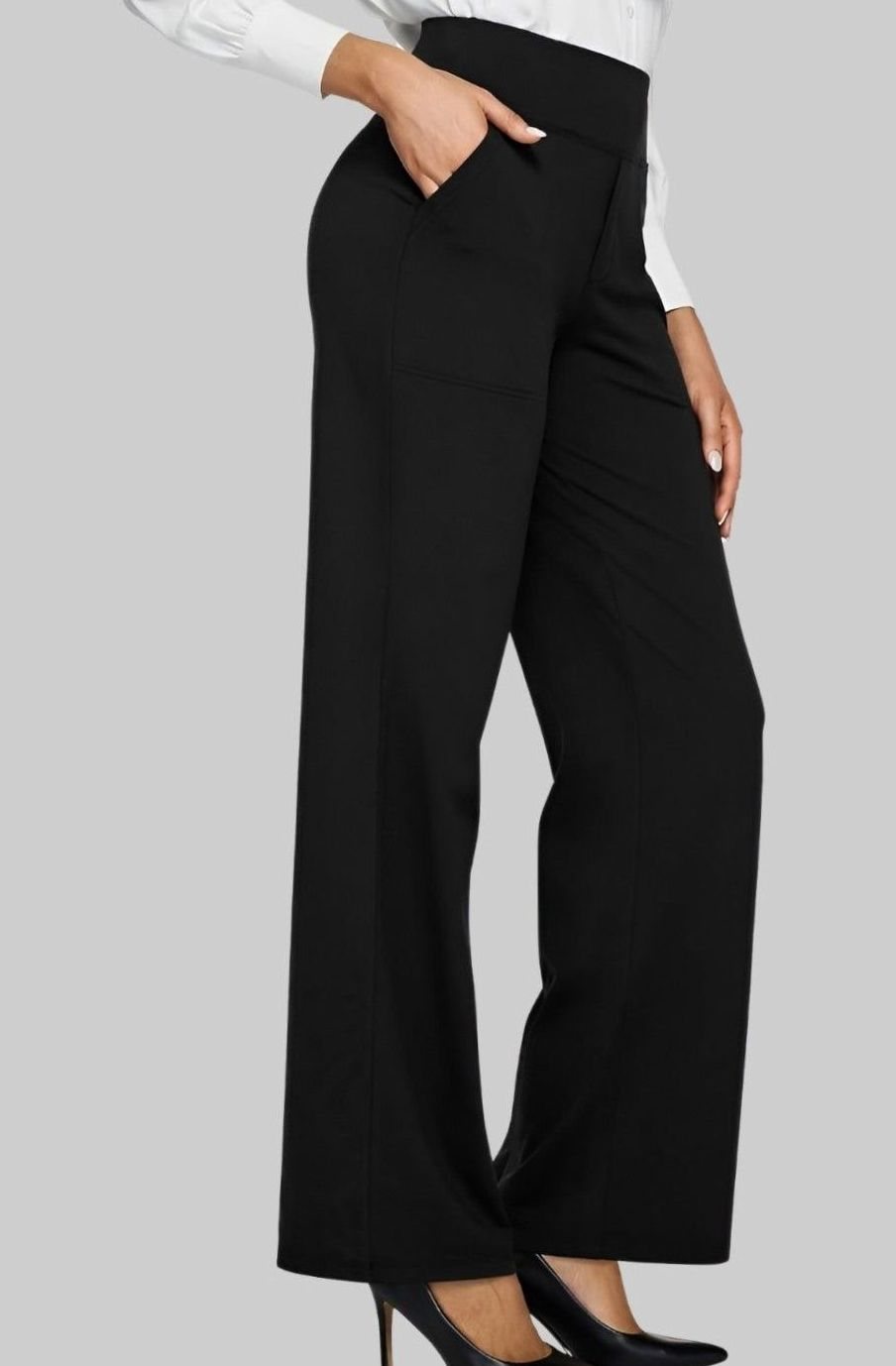 Women's High-Waist Wide Leg Pants with Side Pockets - Black