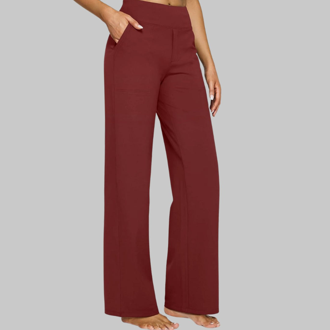 Women's High-Waist Wide Leg Pants with Side Pockets - Red