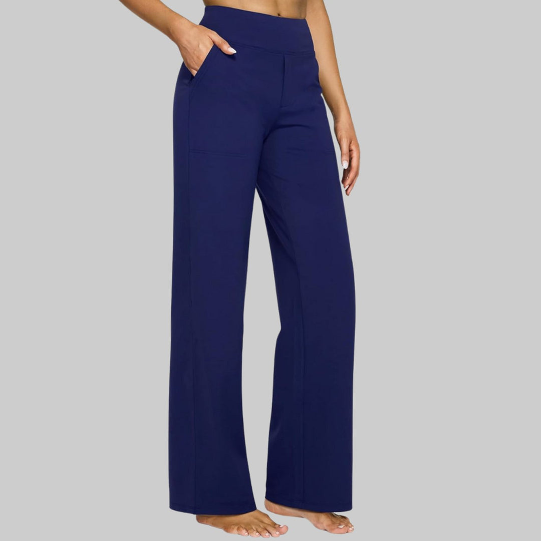 Women's High-Waist Wide Leg Pants with Side Pockets - Blue