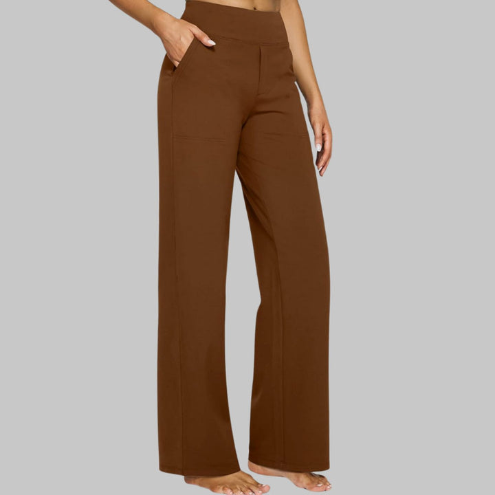 Women's High-Waist Wide Leg Pants with Side Pockets - Brown