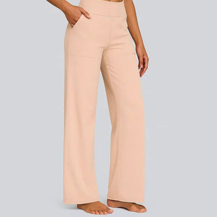 Women's High-Waist Wide Leg Pants with Side Pockets - Apricot