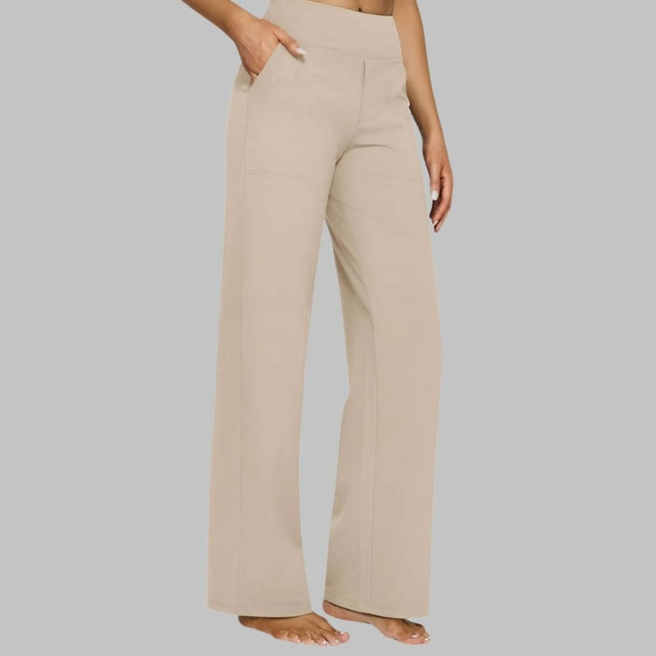 Women's High-Waist Wide Leg Pants with Side Pockets - Beige