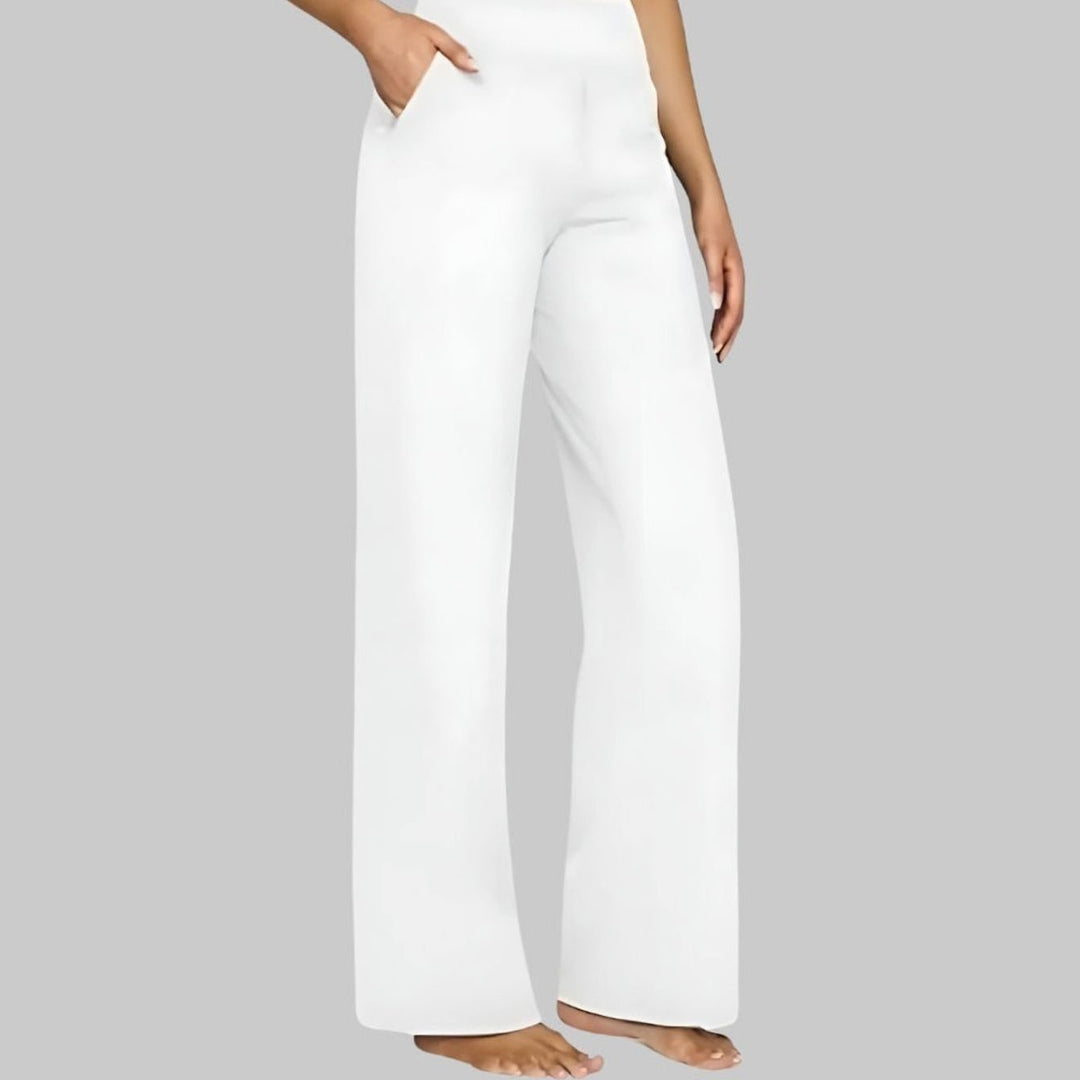 Women's High-Waist Wide Leg Pants with Side Pockets - White
