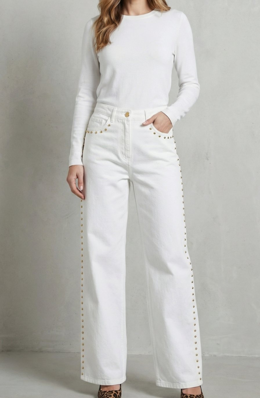 Women's High Waisted Straight Leg Gold Stud-Trim Jeans - White