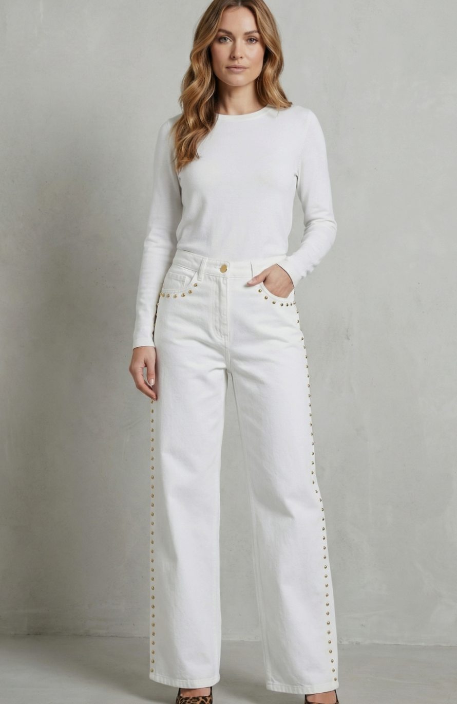 Women's High Waisted Straight Leg Gold Stud-Trim Jeans