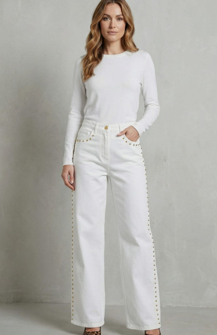 Women's High Waisted Straight Leg Gold Stud-Trim Jeans