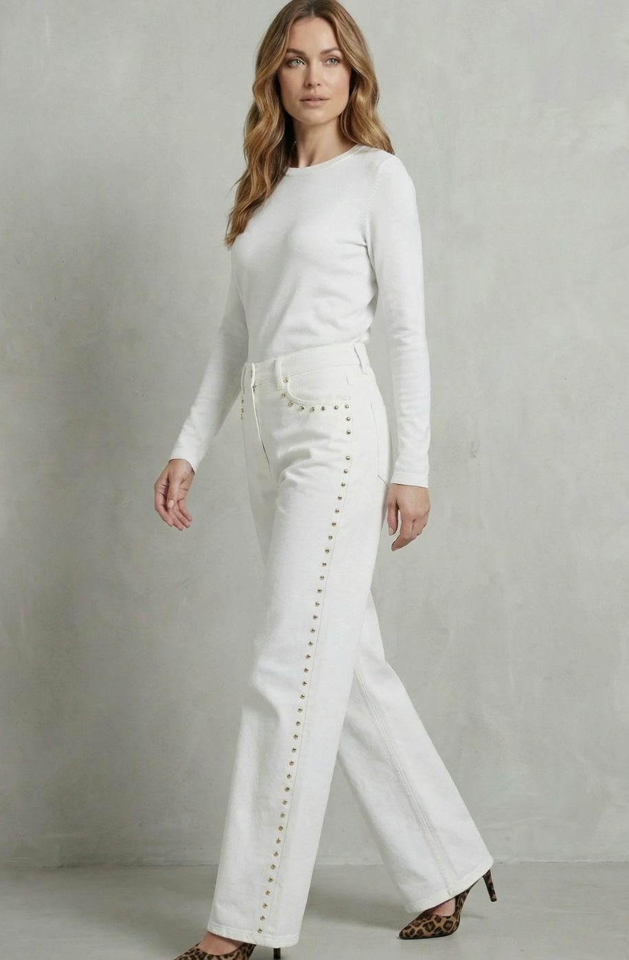 Women's High Waisted Straight Leg Gold Stud-Trim Jeans