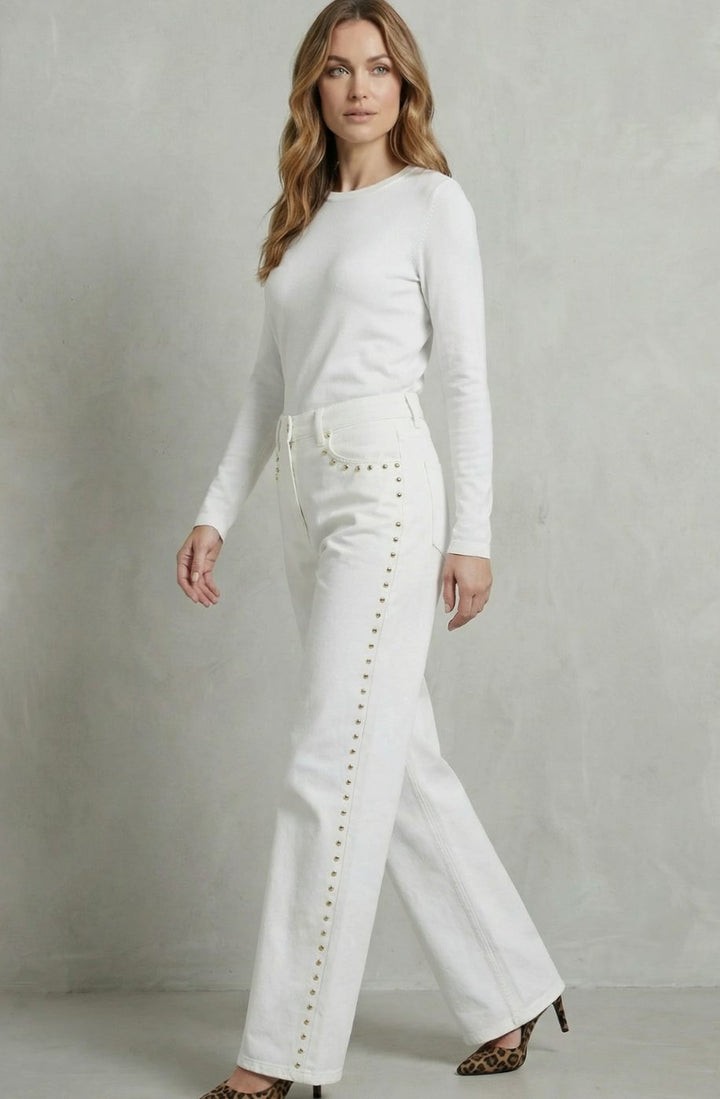 Women's High Waisted Straight Leg Gold Stud-Trim Jeans