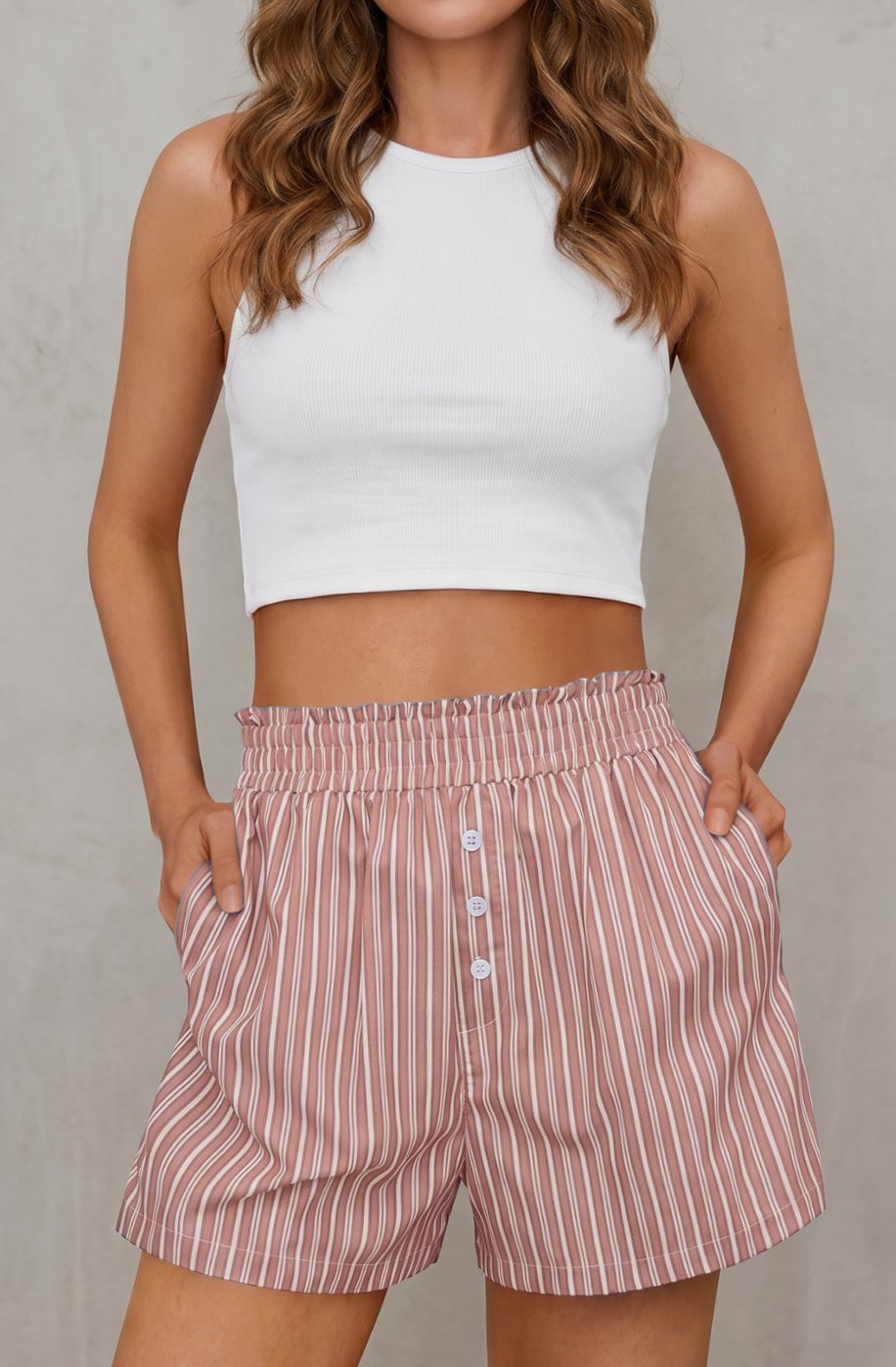 Women's High-Waisted Striped Relaxed-Fit Shorts - Pink