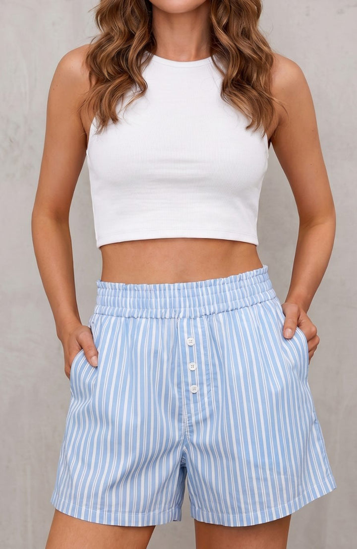Women's High-Waisted Striped Relaxed-Fit Shorts - Light Blue