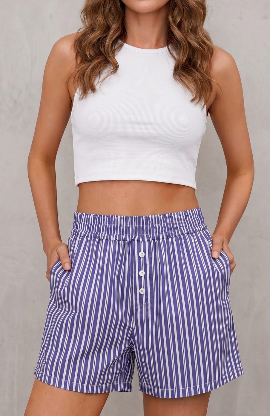 Women's High-Waisted Striped Relaxed-Fit Shorts - Purple