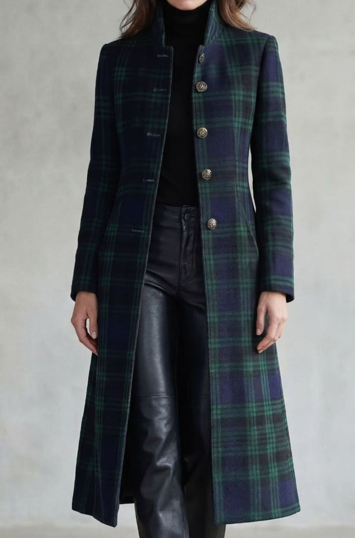 Women's Highland Tartan Wool Blend Long Silhouette Coat - Blackwatch Tartan