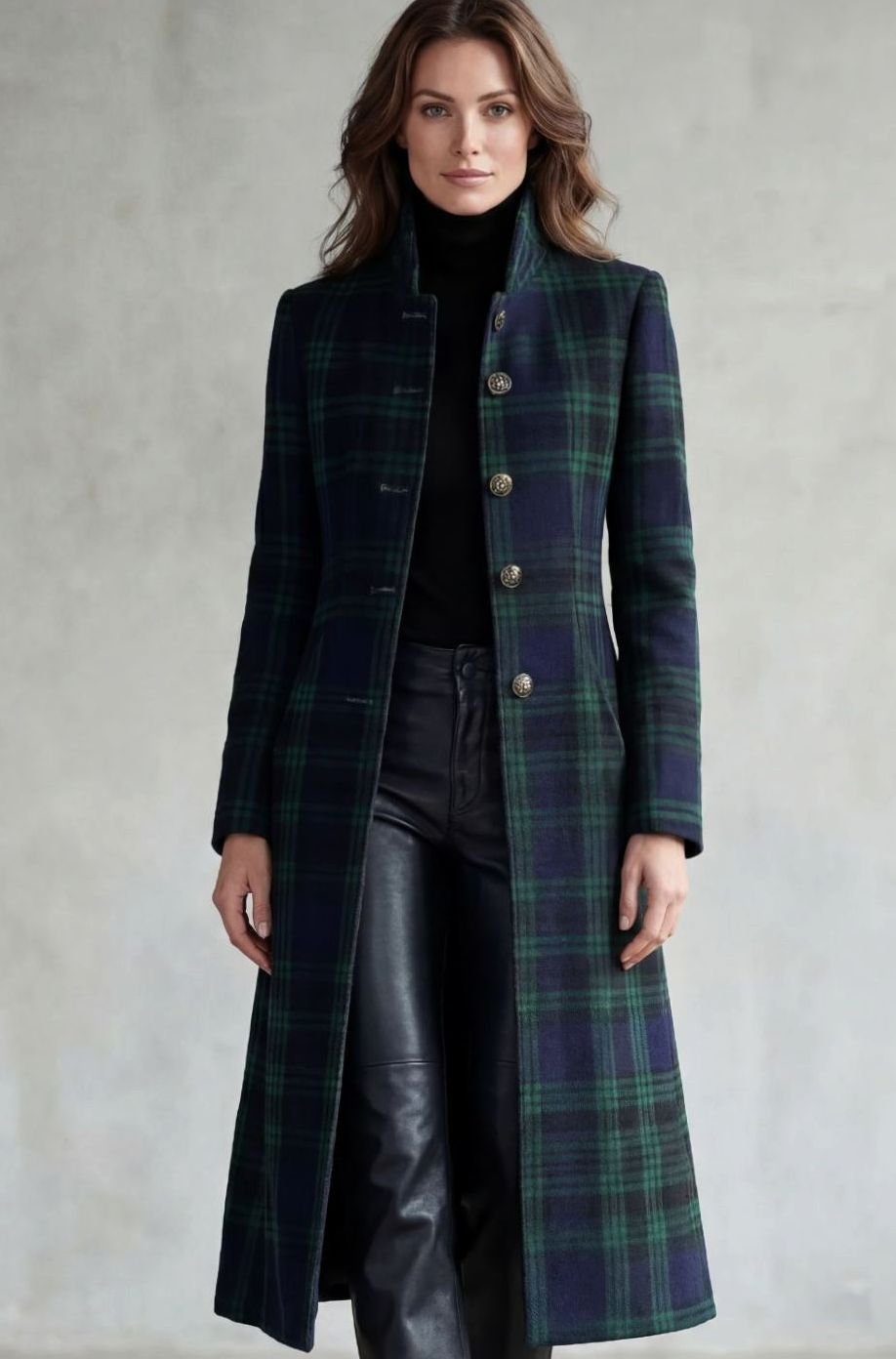 Women's Highland Tartan Wool Blend Long Silhouette Coat