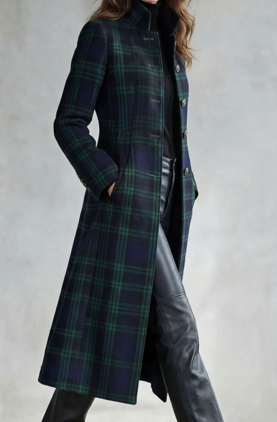 Women's Highland Tartan Wool Blend Long Silhouette Coat