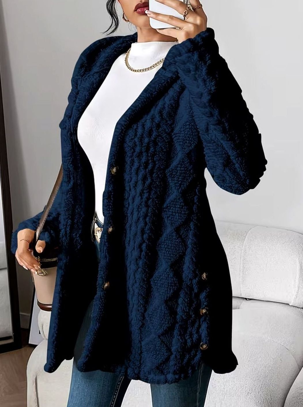 Women's Hooded Fluffy Button-Front Relaxed Cardigan Coat - Dark Navy