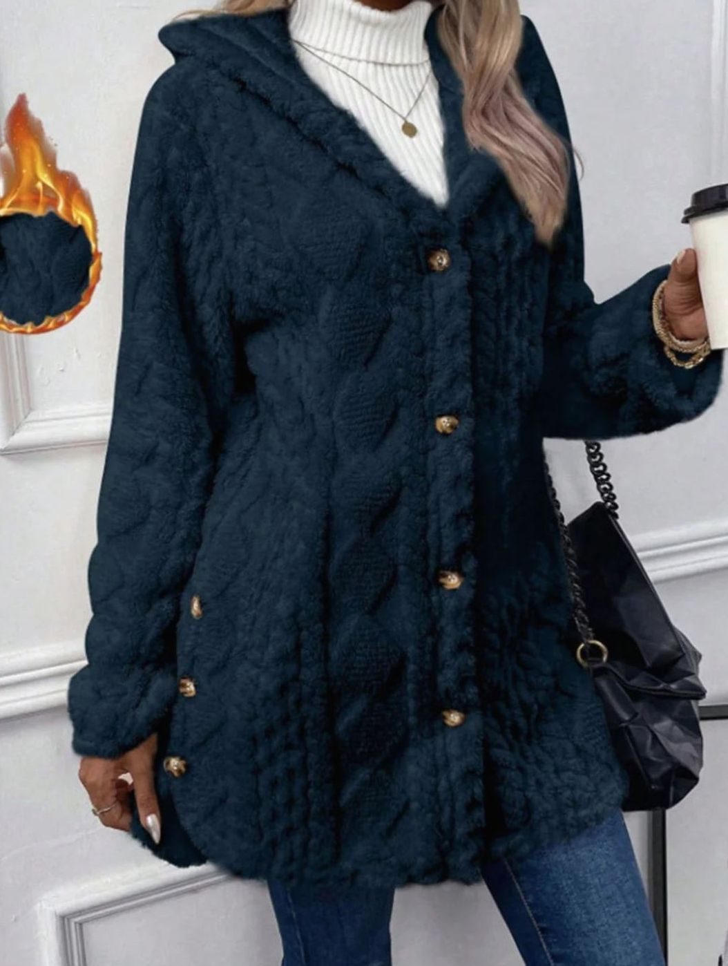 Women's Hooded Fluffy Button-Front Relaxed Cardigan Coat