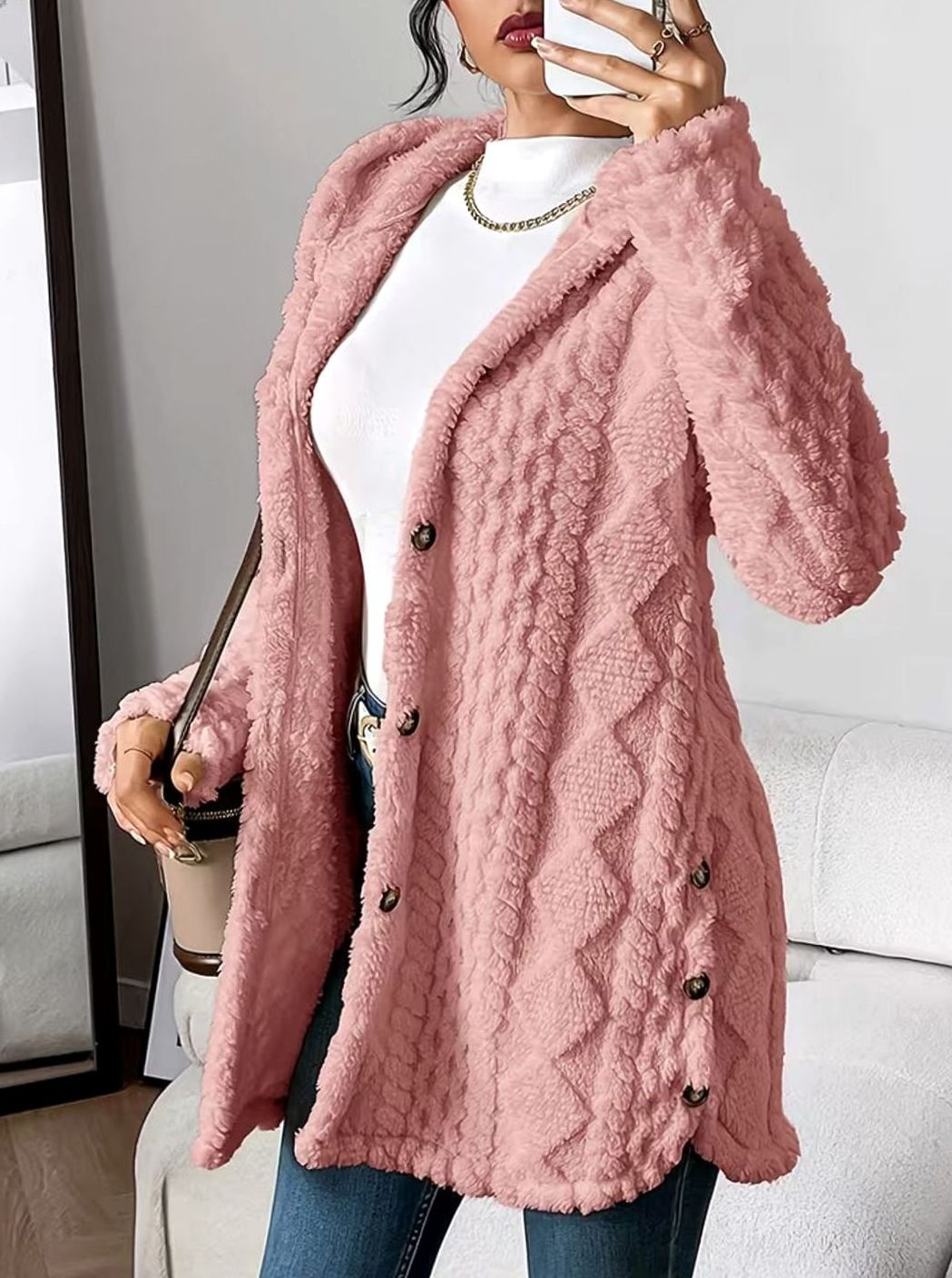 Women's Hooded Fluffy Button-Front Relaxed Cardigan Coat - Pink