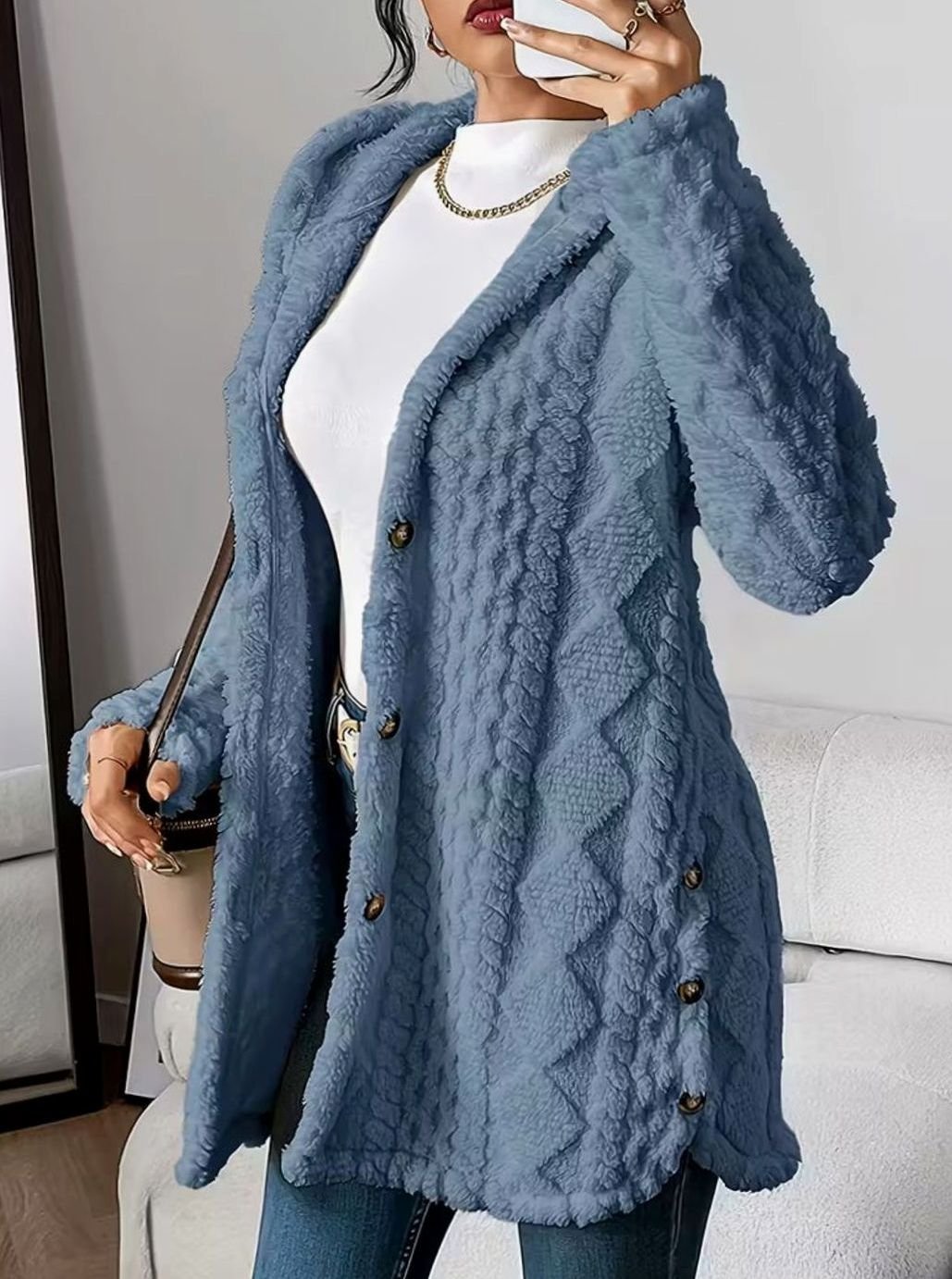 Women's Hooded Fluffy Button-Front Relaxed Cardigan Coat - Blue