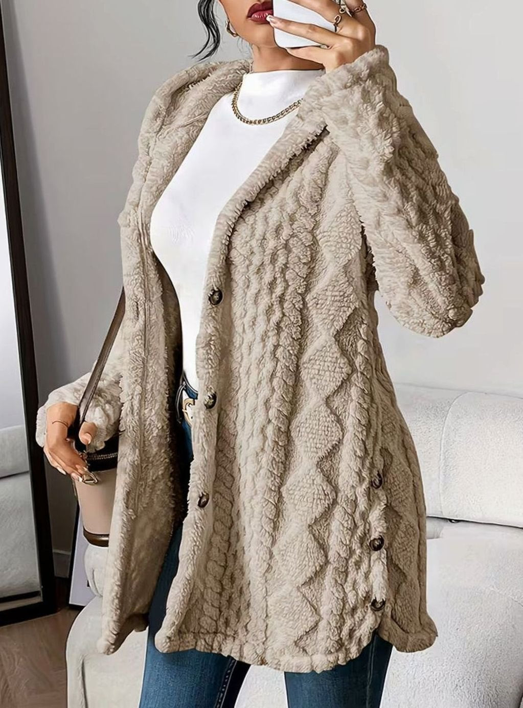 Women's Hooded Fluffy Button-Front Relaxed Cardigan Coat - Khaki