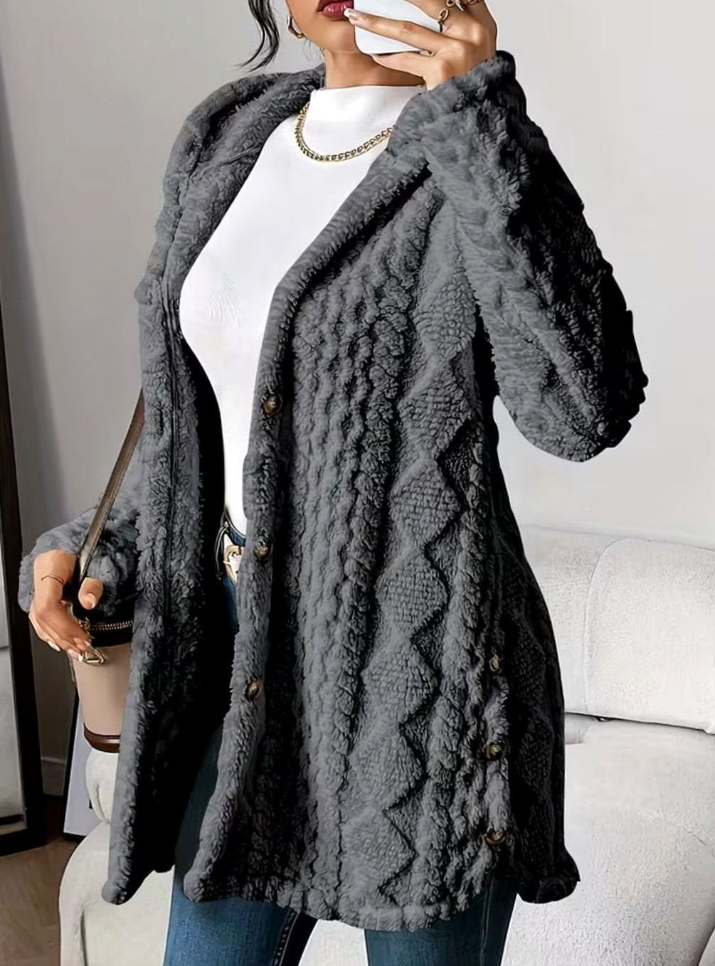 Women's Hooded Fluffy Button-Front Relaxed Cardigan Coat - Gray