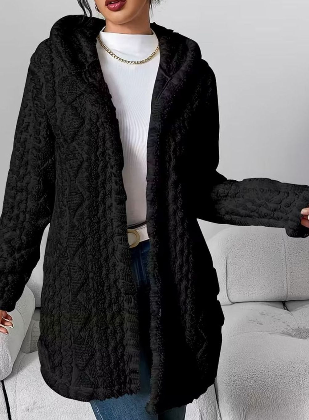 Women's Hooded Fluffy Button-Front Relaxed Cardigan Coat