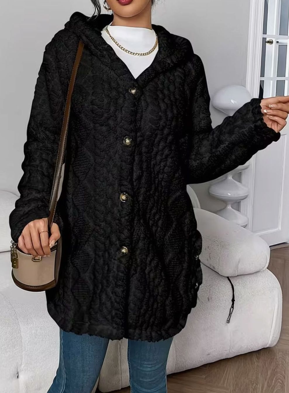 Women's Hooded Fluffy Button-Front Relaxed Cardigan Coat