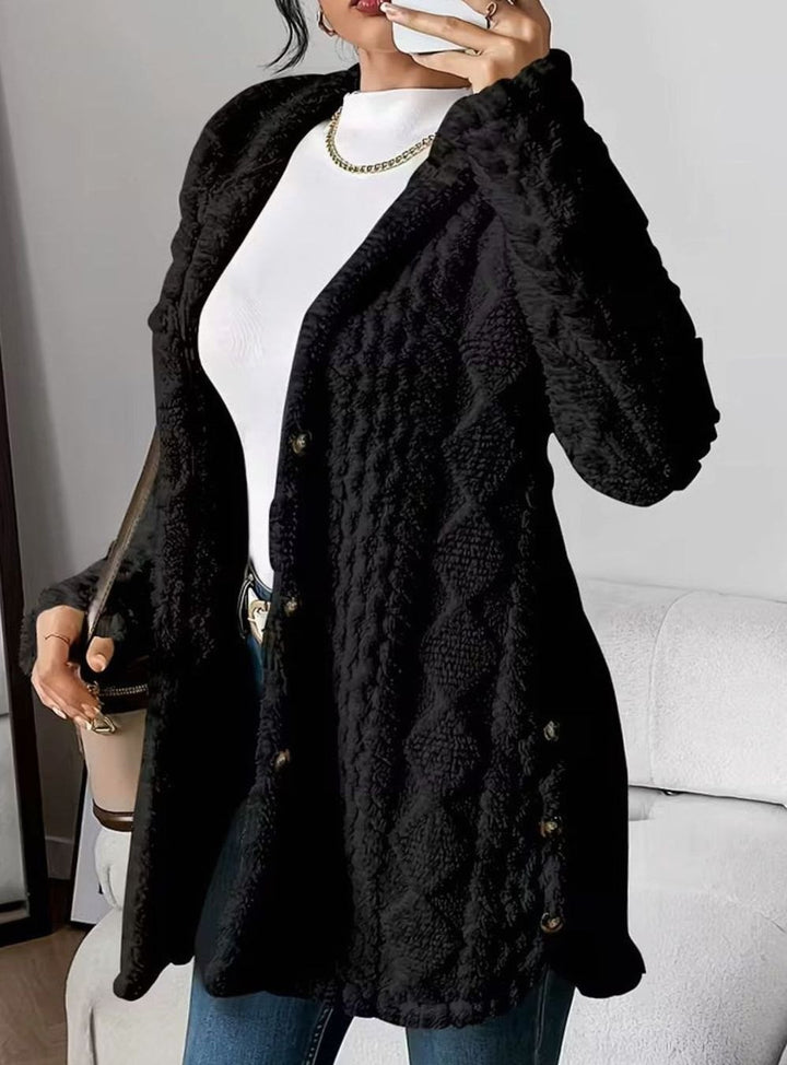 Women's Hooded Fluffy Button-Front Relaxed Cardigan Coat - Black