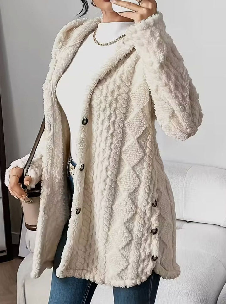 Women's Hooded Fluffy Button-Front Relaxed Cardigan Coat - Beige