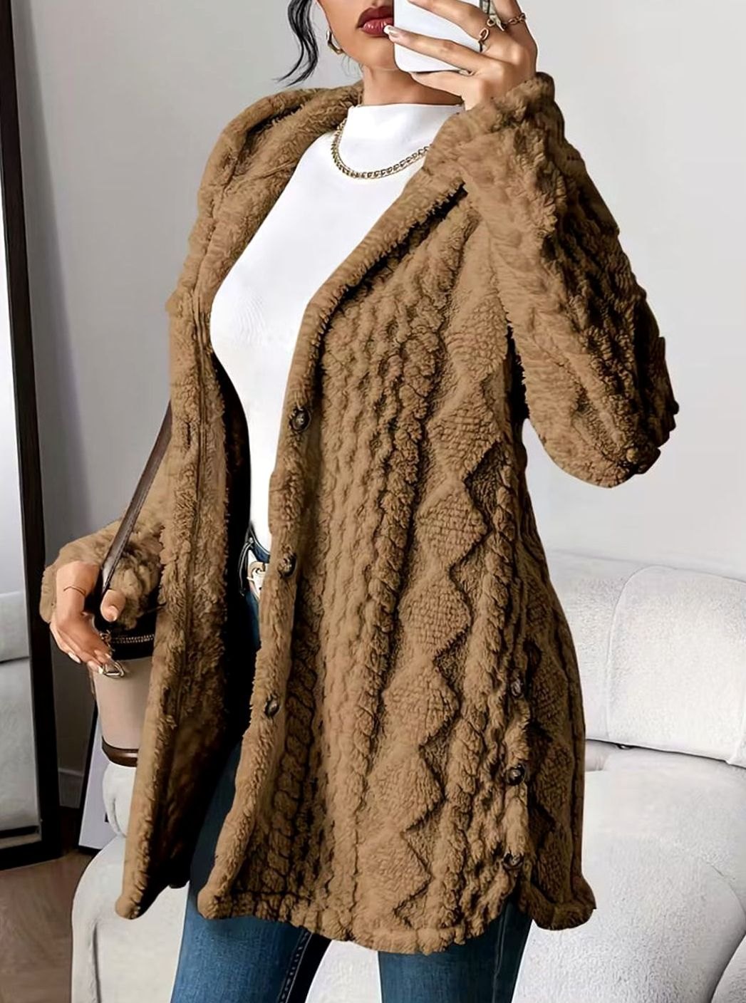 Women's Hooded Fluffy Button-Front Relaxed Cardigan Coat - Brown